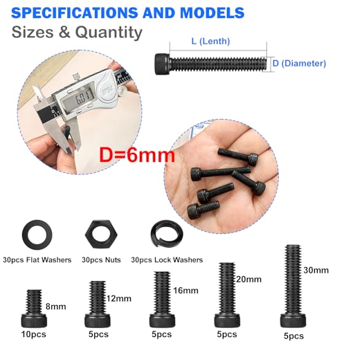 mxuteuk M6 Screws Assortment Kit,M6 x 8/12/16/20/30mm,12.9 Grade Alloy Steel Hex Socket Head Cap Screws Bolts Nuts Kit