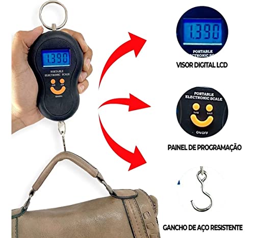 Balança Digital Portátil De Mão Com Gancho De Aço p/Bolsa Sacola E Mala Peixe De 10g Até 50kg Lb Oz