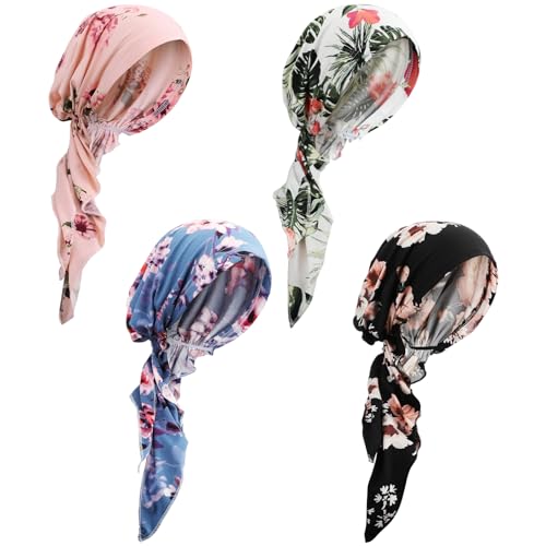 Halfchet 4 Pieces Chemo Headwear for Women Pre Tied Caps Soft Cotton Elastic Head Scarf for Patients(Floral Pattern)