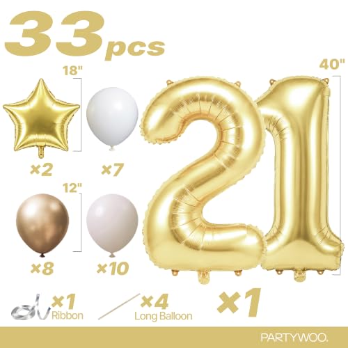 Image of PartyWoo Gold Number 21 Balloon 40 Inch 33pcs Metallic Gold Foil Star White