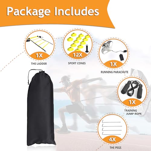 CHIWALLO Speed Agility Training Equipment Set, 20ft 12 Rungs Agility Ladder,12 Soccer Cones, Jump Rope, Running Parachute, Basketball Football Soccer Training Equipment for Kids Youth Adults