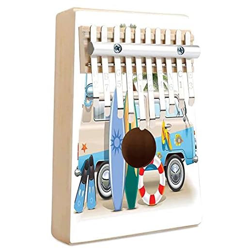 Surf Kalimba 10 nycklar tumpianobricka etikett med skiss blommor som vingar vågryttare som gratis flygande fågel konstnärlig bild arbete bärbar Mbira Sanza afrikansk trä finger piano gåva för barn vuxna nybörjare-