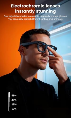 Image of Aeoss AI Smart Glasses, Electrochromic Instant Tinting, 8MP Hands-Free Photo & 1080P Video, AI Real-Time Translation & Object Recognition, WiFi Bluetooth 5.4, Black, One Size