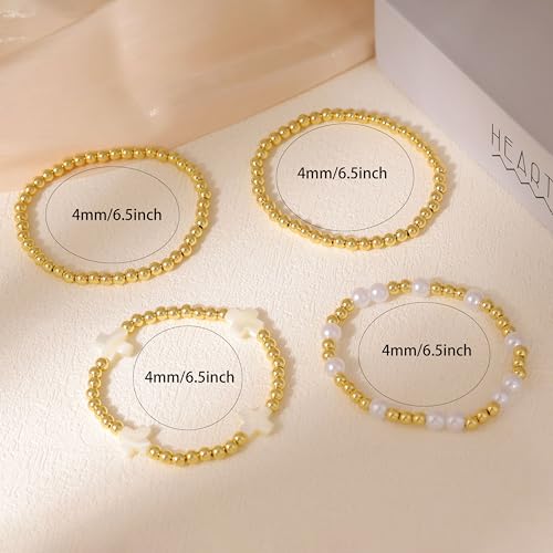 HLJEO Dainty Gold Stretch Bracelets for Women - Stackable Pearl & Bead Charm Set - Non-Tarnish Fashion Jewelry - Image 4