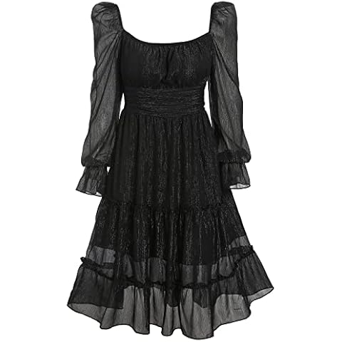 YODNBUK Women's Vintage Midi Dresses Square Neck Long Sleeve Tie Back Backless A Line Ladies Chiffon Dress Black Cover
