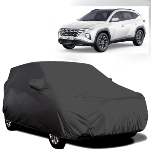 Image of BARBARIKA Waterproof Car Body Cover Compatible with Hyundai Tucson | Waterproof, UV Resistant, Dustproof, Mirror Pockets, with Belt & Buckle - (Black)