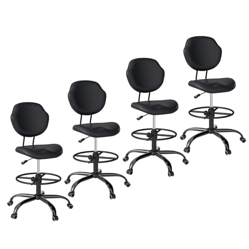 Image of Drafting Chair with Back Support, Tall /High Desk Rolling Stool, Faux Leather Office Chair with Height Adjustable for Standing Desk, Home Office, Bar, Workbench & Kitchen (Black, 4 Pack)