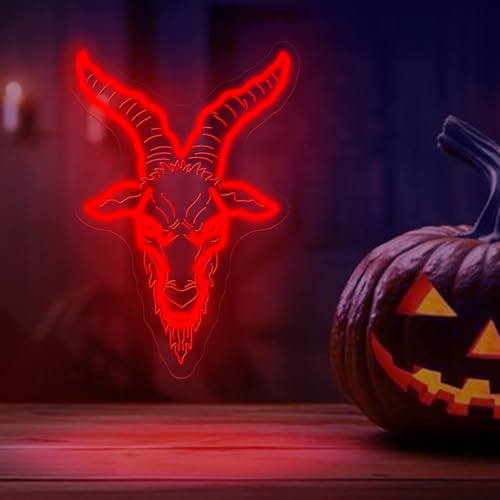 Image of Baphomet Neon Sign Gothic Dark Led Light Satan Wall Decor | Black Goat Wall Art Dark Art Gothic Home Decoration USB Powered Dimmable Halloween Decor Gift for Goth Lover 16.5 inchx11.4 inch