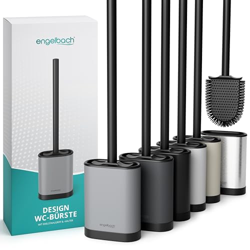 Engelbach® Klobürste Silikon mit Edelstahl Griff & Halter – Antibakterielle Toilettenbürste Wandmontage ohne Bohren – WC Bürste, Bürstengarnitur inkl. Ersatzbürstenkopf, grau