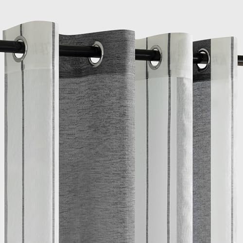 EMEMA Striped Curtains Transparent Voile Living Room Modern Set of 2 Curtains Bedroom Semi-Transparent Stripes 140 x 215 cm White and Grey - Image 2