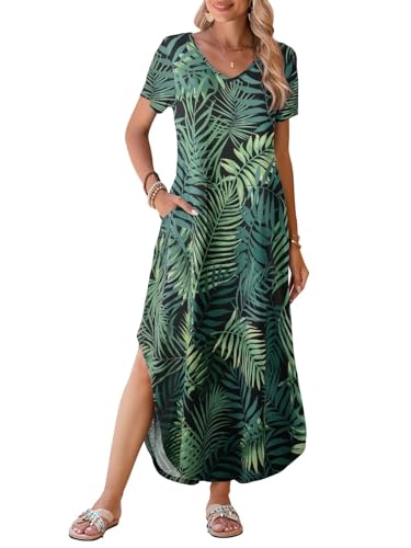 Image of BELAROI Plus Size Maxi Dress for Women Summer Casual V Neck Short Sleeve Long Dress with Pockets Beach Vacation Cover Up