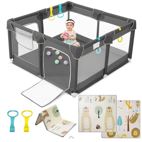 Laufgitter baby Laufstall mit Spielmatte Schaumstoffschutz, Rutschfester, Transparentes Atmungsaktives Netz mit Rundem Reißverschlusstür Babys Zaun für Innen & Außen