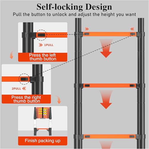 Image of Telescoping Ladder, 10.5 FT 330 Lbs Aluminum Extension Ladder, Black Orange | Telescopic, Collapsible & Adjustable, Compact Retractable Ladder for House, Roof, RV & Travel Trailer