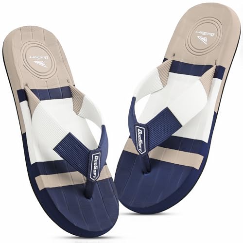 Image of Duosoft Men's Flip Flops, Navy Blue & Beige, Anti-Skid Rubber Sole, Superior Shock Absorption, Strong Arch Support, Super Soft