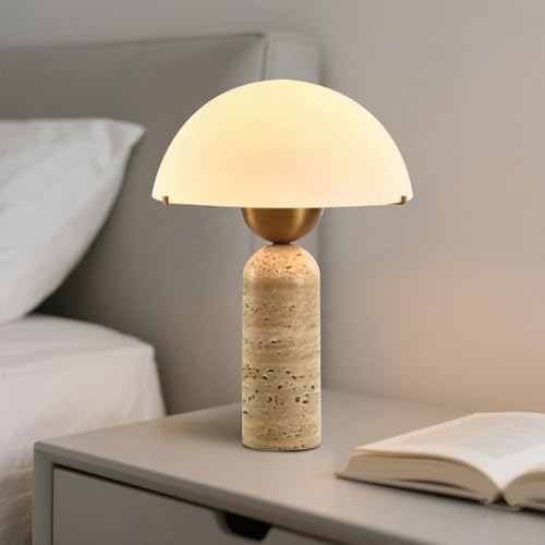 rzoizwko White Dome Table Lamp with Frosted Glass Shade, Mid-Century Modern Natural Stone Base Desk Lamp for Bedroom Nightstand, Scandinavian Bedside Light, 17.7 x 11.8 in
