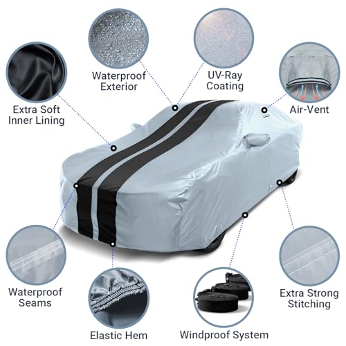 Image of iCarCover Premium Car Cover for 2015-2026 BMW M4 Heavy Duty Waterproof All Weather Automobiles Custom Fit Full Exterior Indoor Outdoor UV Snow Rain Protection Covers (Stripe - Gray /Black)