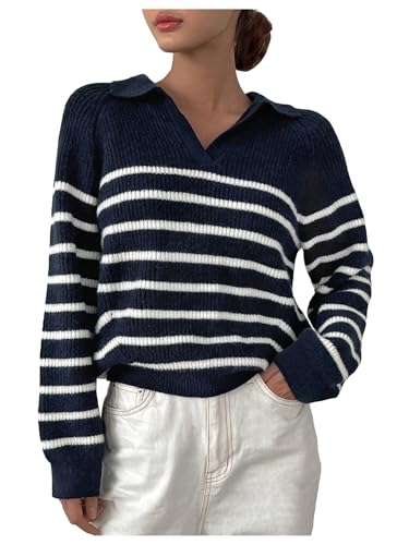 MakeMeChic Women's Collared Striped Sweater V Neck Long Sleeve Pullovers Casual Knit Tops