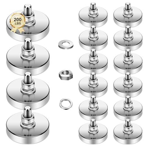 Super Strong Neodymium Round Magnet with M8 Male Thread Nuts Bolts 200 lb Corrosion-Resistant Mounting Magnet for Lighting Camera and Other Brackets Outdoor Tools 44mm D - 16 Packs