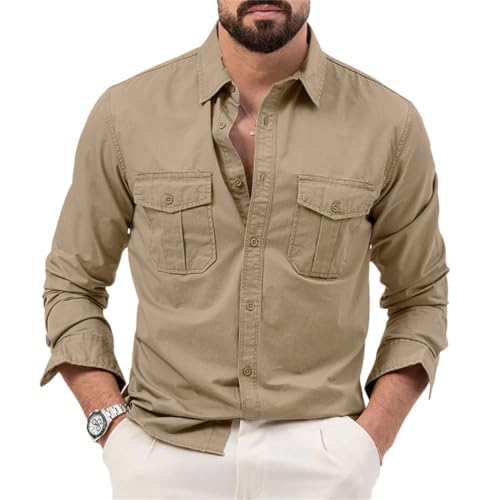 seiveini Camicia Sportiva da Uomo Outdoor Leggero e Traspirante con con Bottone e Tasche Camicia Safari Outdoor Camicia a Maniche Lunghe per Tempo Libero, Pesca, all'aperto, Escursioni A Cachi M