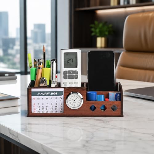Image of GKD Wooden Desk Calendar 2026 with Clock & Desk Organizer | Premium Engineered Wood Table Calendar for Office & Home Decor | Corporate Gift | Made in India
