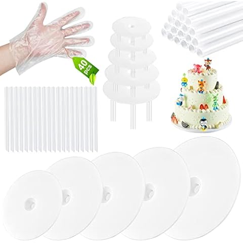 Aufind 85 PCS Plastic Cake Dowel Rods Set, 20 White Plastic Cake Sticks Support Rods with 5 Cake Separator Plates for 4, 6, 8, 10,12 Inch Cakes and 20 Clear Cake Stacking Dowels for Tiered Cakes Cover