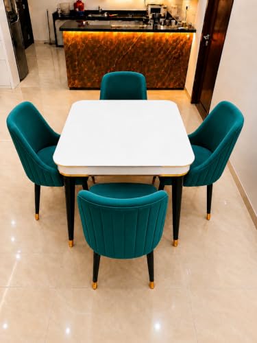 Image of WOODEN SPACE 4 Seater Wooden Dining Table Set | Urban Marble Top Dining Table with Chairs for Dining Room & Kitchen (Modern Infinity Backline Sea Blue) (42 x 42 x 30 inch)