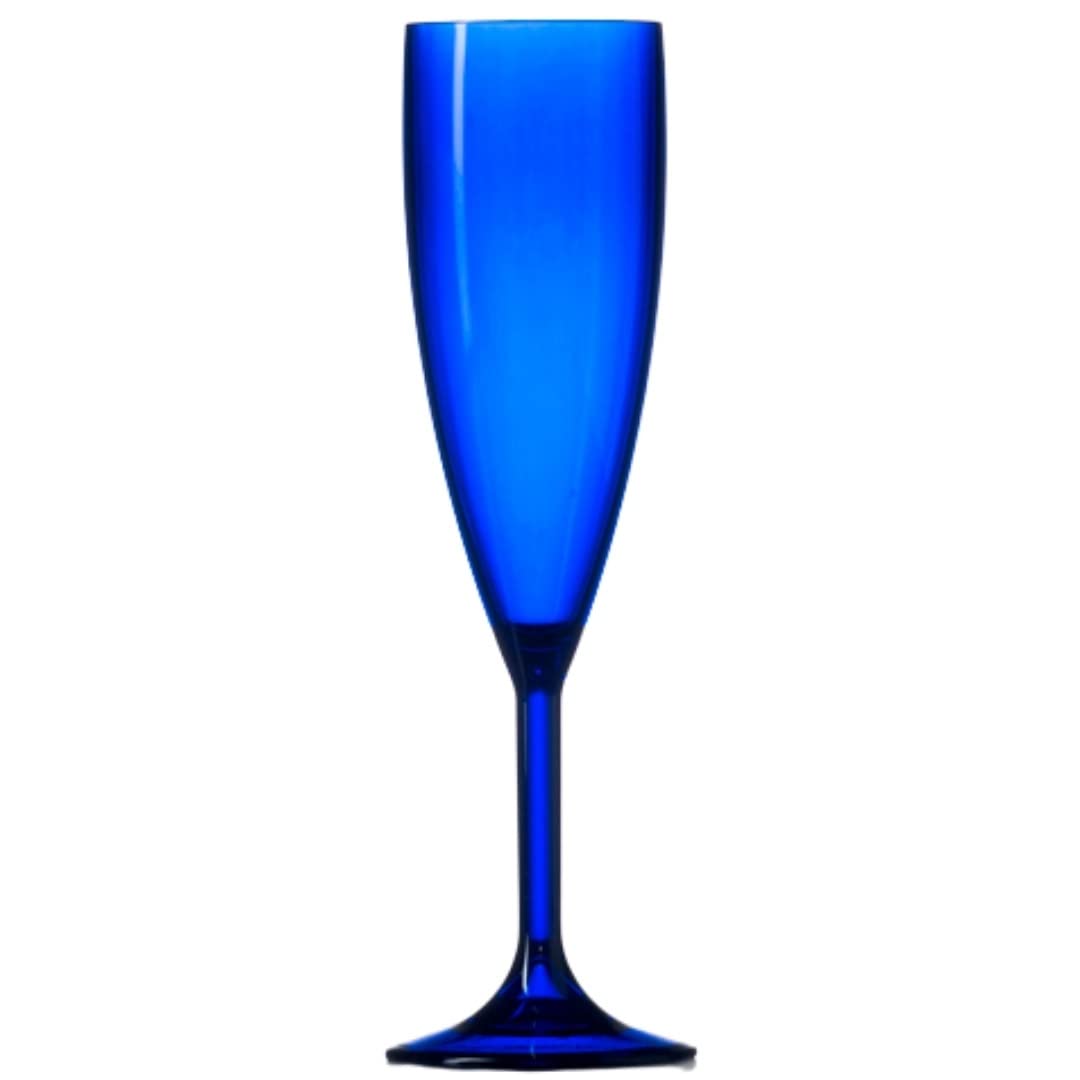 Blue Plastic Polycarbonate Champagne Flutes, 12 Pack, 6.6oz, Catering Quality Plastic Glassware - Reuse 1000's of Times, Virtually Unbreakable - Tough Polycarbonate