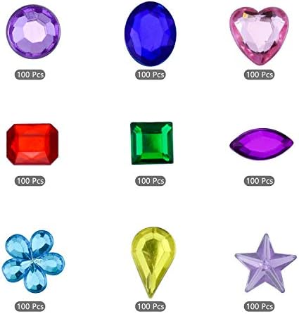 NATEE 900pcs Gems Acrylic Flatback Rhinestones Gemstone Embellishments, Mixed Acrylic Jewels Gemstones Card Making Crafts Supplies Gems Coloured Jewellery, 9 Shapes, 6-13mm
