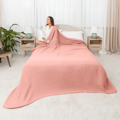 Image of Comfy Cubs Muslin Blanket for Adults Queen 90 inch x 90 inch - 6 Layer Soft, Breathable & Lightweight Muslin Adult Blanket - Machine Washable & Designed in The US Bedding for All Seasons - Bold Blush