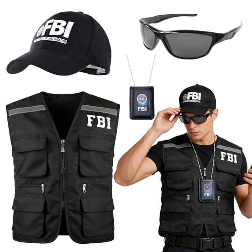 Beipegin 4pcs FBI Costume Men Women FBI Agent Costume Include Vest Hat Badge and Police Sunglasses for Roleplay Halloween Party