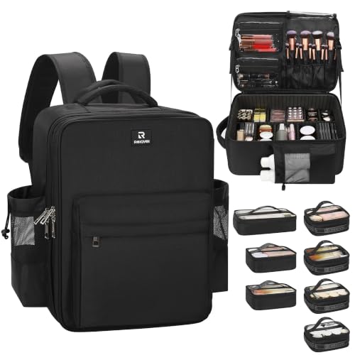 Relavel Makeup Backpack, Extra Large Makeup Bag with 9 Removable Pouches, Professional Makeup Artist Kit Travel Train Case Cosmetic Organizer Box for Nail Polish, Hair Tools, Barber Supplies, Black