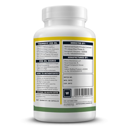 Image of YouWeFit Pro-Vegetarian Omega 3 Capsules 1000mg 60 Capsules | 250mg DHA 200mg ALA & 50mg EPA | Algal Oil + Flaxseed Oil Formula | Astaxanthin Curcumin & Selenium | Heart Brain Joint & Recovery Support