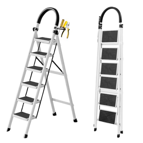 SKY-TOUCH Foldable Ladder 6 Steps Home Stepladders Folding Step Stool with Wide Anti-Slip Pedal Adults Folding Sturdy Steel Ladder for Home Kitchen Garden Office