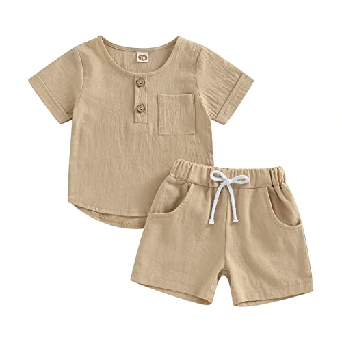 Image of Toddler Boy Linen Shorts Outfit Button Up Short Sleeve Shirts with Pocket Solid Color Baby Boy Summer Clothes Set