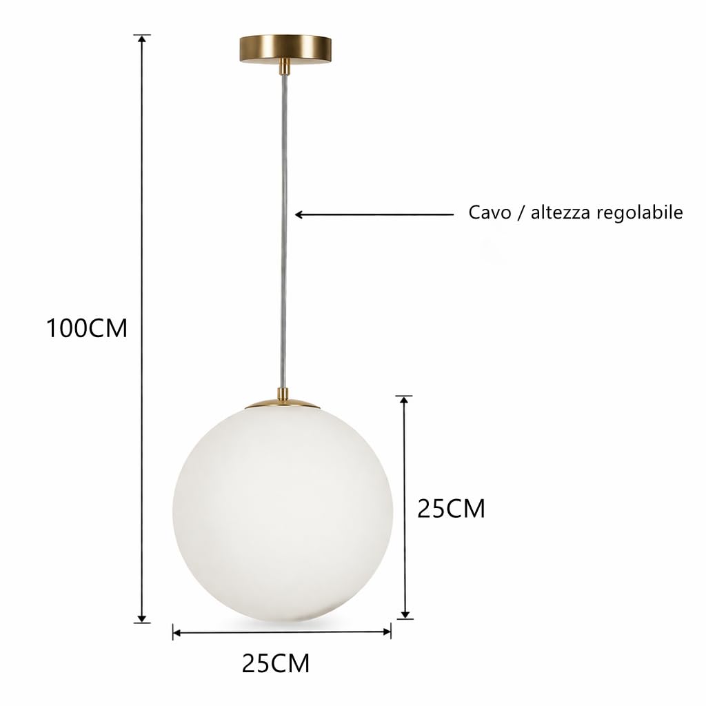 Lampadario a Sospensione Moderno Oro con Sfera in Vetro E27, Lampada a Sospensione Design Minimal per Soggiorno Cucina Sala da Pranzo Bar, Cavo Regolabile 133cm, Ø25cm, Compatibile LED
