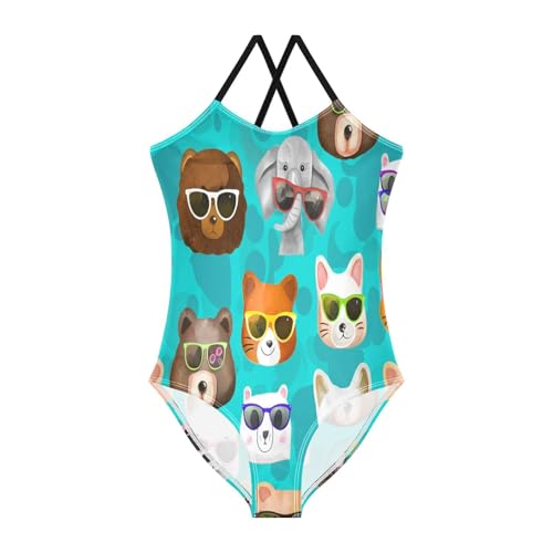 Cute Animals Heads Blue Girls One Piece Swimsuit, Beach Apparel 3-10 Y with Adjustable Shoulder Strap, 3-10 Y