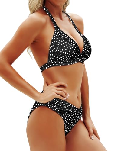 Image of Yonique Women Two Piece Bathing Suits Push Up Bikini Set Halter Swimsuit Vintage Swimwear Black Polka Dot L