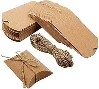 HugeDE 50 Pcs Kraft Paper Pillow Box Candy Favor Gift Boxes with Jute Twines for Christmas Party Favor Brown