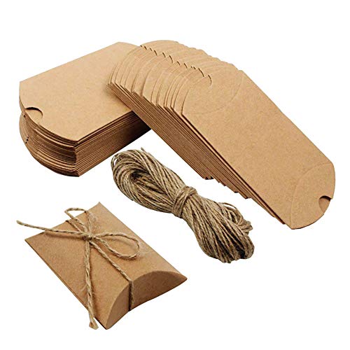 50 Pcs Kraft Paper Pillow Box Candy Favor Gift Boxes with Jute Twines for Christmas Party Favor Brown