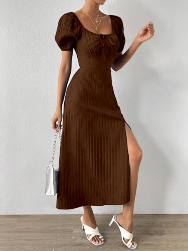 Image of Shasmi Women's & Girl's Tie Front Split Thigh Milkmaid Maxi Dress - Square Neck Puff Sleeve A-Line Long Dress, Elegant Casual & Parties Wear for Ledies (Dress 245)