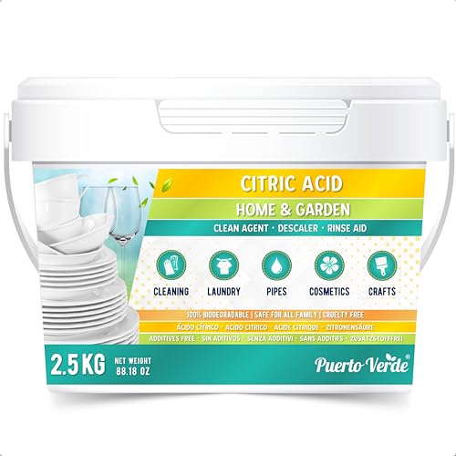 Puerto Verde • Ácido Cítrico 2,5 Kg. Ácido Cítrico Anhidro Polvo para Limpieza Natural del Hogar. Apto para Lavadora y Lavavajillas. Desatascador, Abrillantador, Cosmética Casera. Producción Española.