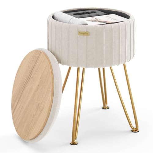 STORAGEBUD Round Ottoman with Storage, Pleated Velvet Storage Ottoman, Foot Stool Ottomans, Makeup...