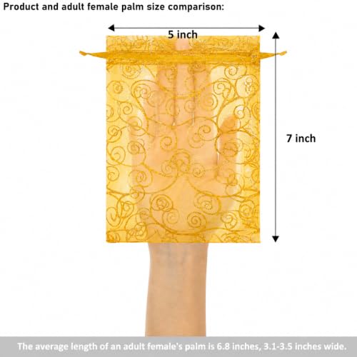 Image of XCLUSY 50PCS (13X18CM)(5x7 inchINCH) Potli Bags for Gifting - Multipurpose Wedding Return Gift Bags | Party Favour, Birthday, Anniversary, Festive Packing Pouches | Organza, Cloth, Brocade, Fancy Luxury Goodie Bags (ORANGE PRINTED, 1 Count(Pack of 50))