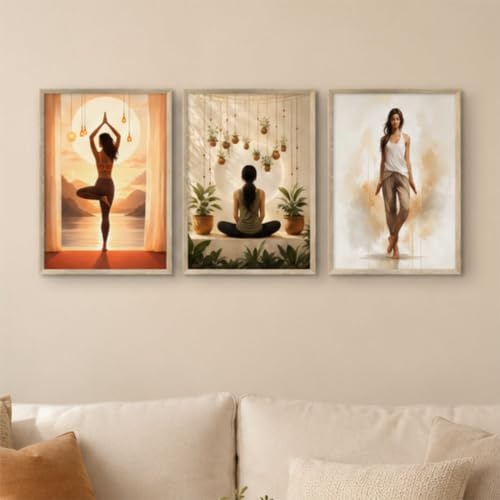 Image of Livin'luxe Set of 3 Yoga Meditation Women Wall Paintings for Living Room Bedroom Home Decor with Premium Wooden Color Synthetic Frame (13.5 x 19.5 Inch) NM03-65
