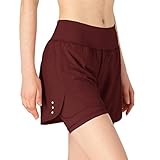 donhobo Damen 2 in 1 Sport Shorts Training Yoga Kurze Hose Schnell Trocknend Leichte Atmungsaktive Laufshorts (Rot, M)