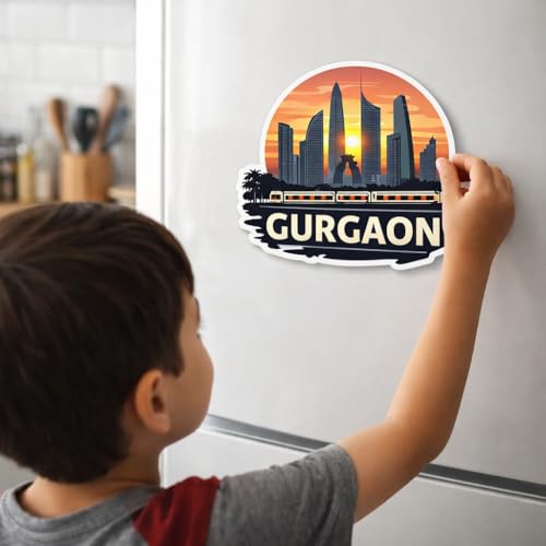 Image of Naxon Gurgaon Gurugram City Theme Souvenir Wooden Fridge Magnet | Modern Skyline & Corporate City Design 3x3 Inch Refrigerator Magnet for Kitchen & Home Decor | Travel Gift from Gurgaon | Pack of 1