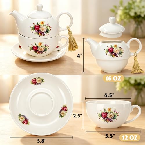 YIMITEE Tea for One with Tassel, 16 OZ Ceramic Teapot Set, Floral Tea Pot with Cup and Saucer, Single Serving Tea Set for Women, Mother's Day, Thanksgiving, Valentine's Day, Wedding, Home Decor by YIMITEE - Used condition - Image 2