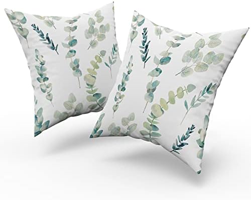 Sweetshow Sage Green Pillow Covers 18X18 Inch Eucalyptus Branches Floral Watercolor Decorative Leaf Print Throw for Home Sofa Cotton Seafoam Blue Gray Square Cushion Pillowscase, Set of 2