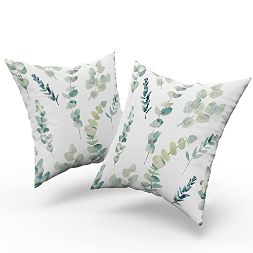 Sage Green Pillow Covers 18X18 Inch Eucalyptus Branches Floral Watercolor Decorative Green Leaf Print Throw Pillow For Home Sofa Cotton Seafoam Blue Green Gray Square Cushion Pillowscase, Set Of 2 #TOP7
