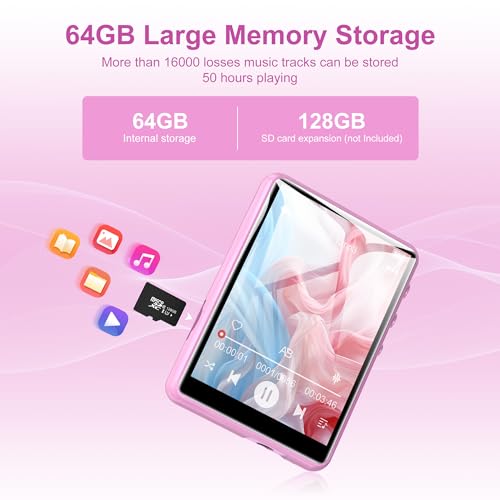 Image of SWOFY 64GB MP3 Player with Bluetooth 5.3, 2.4-Inch Full Touch Screen, Portable Lossless Sound Music Player with HD Speaker, MP3 with FM Radio Recording e-Book, Record, Earphone Included-Pink